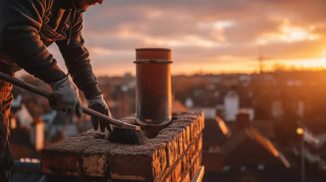 Brushing a chimney with a clay pot at dusk