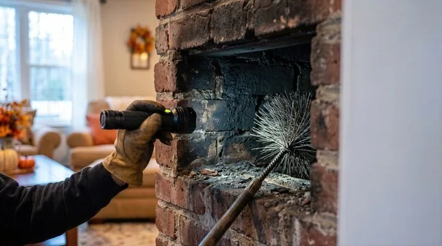 Technician measuring up a brick fireplace with a flashlight before fitting an insert