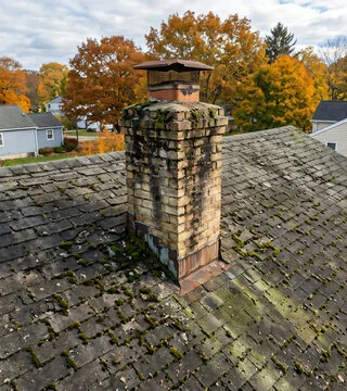 Before: moss-coated, discolored chimney on a mossy roof