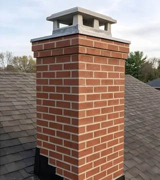After: relaid chimney in clean red brick with a concrete crown and a light cap