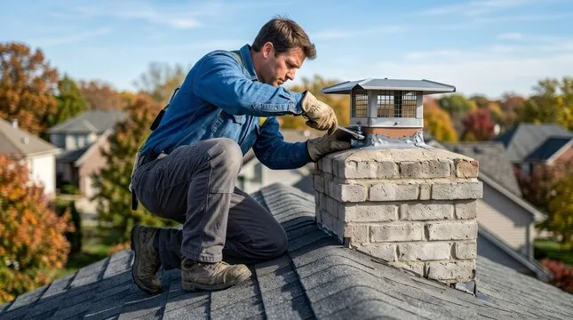 Technician tightening a stainless cap onto a painted brick chimney