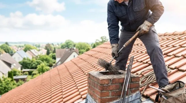 Sweep at work on a tile roof chimney
